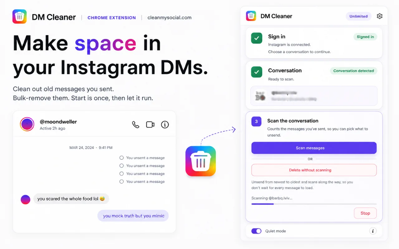 DM Cleaner side panel scanning an Instagram conversation, with scan, delete-without-scanning, and stop controls