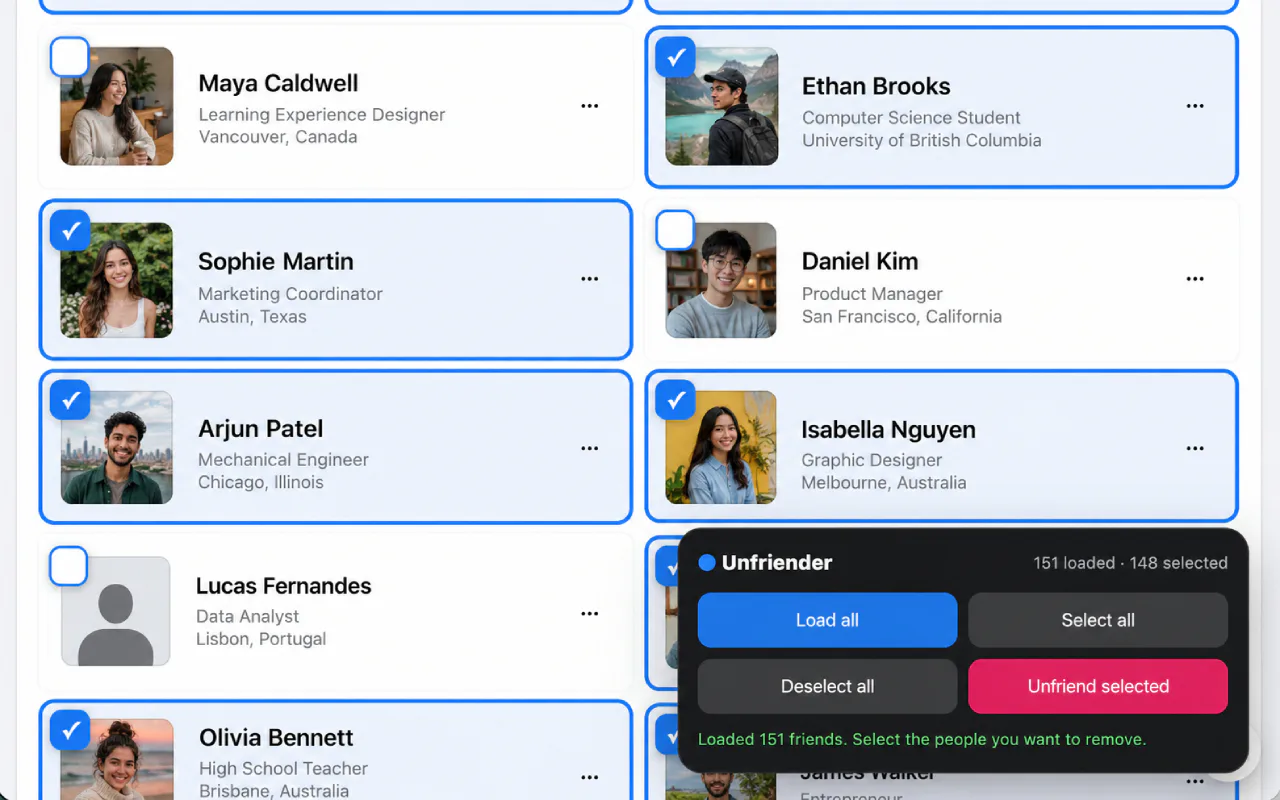 Mass Friends Remover list for reviewing and selecting Facebook friends before removal